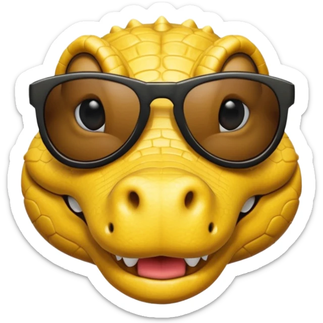 Cocodrilo feliz con boca cerrada mirando de frente que tengan lentes negros y sea color amarillo con fondo blanco sticker