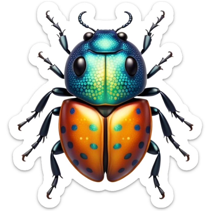 Cinematic Cute Beetle Portrait Emoji, Head tilted playfully and inquisitively, featuring a diminutive, charming body with a glossy, intricately patterned shell and round, sparkling eyes full of endearing wonder, Simplified yet irresistibly adorable features, highly detailed, glowing with a warm, inviting metallic glow, high shine, affectionate and lively, stylized with a touch of whimsical insect elegance, soft glowing outline, capturing the essence of a mischievous beetle that seems as if it could scuttle out of the screen into your arms! sticker