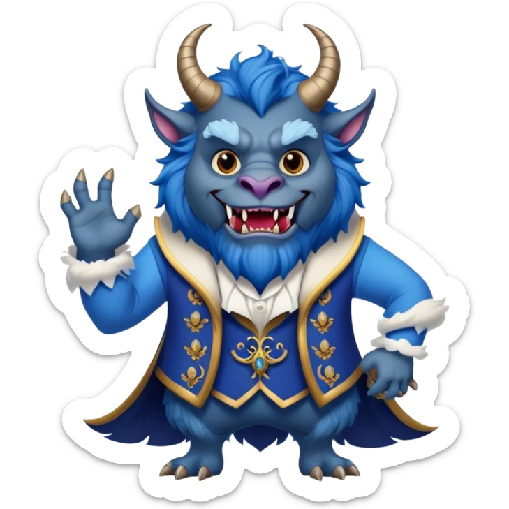 The Beast from Beauty and the Beast, furry blue monster with horns and fangs wearing elegant royal clothes sticker