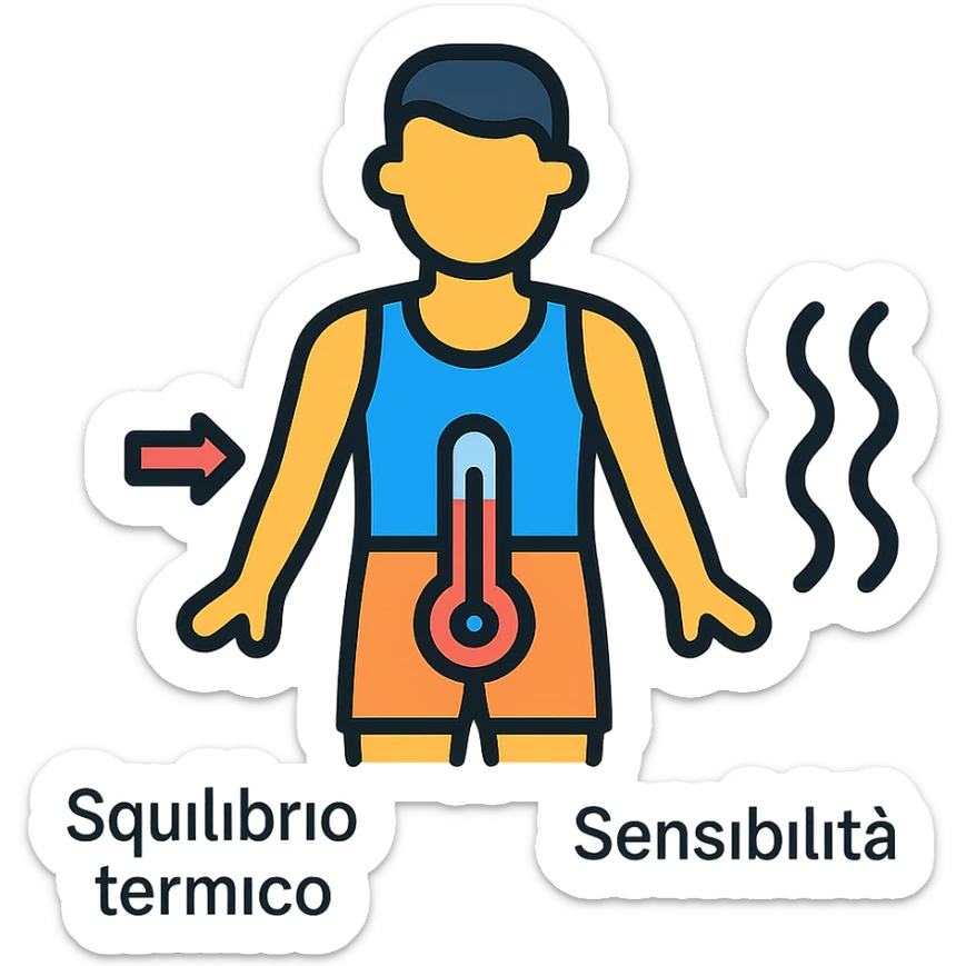 infografica in italiano, atleta con simbolo di termometro nella zona pelvica, frecce che indicano Squilibrio termico e Sensibilità, colori vivaci, stile educativo, sfondo bianco sticker