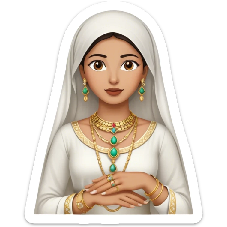 The Palestinian woman, wears a white traditional dress. Her accessories steal the spotlight—intricately designed gold bangles, statement rings, and layered necklaces—each piece exuding heritage and craftsmanship.  sticker