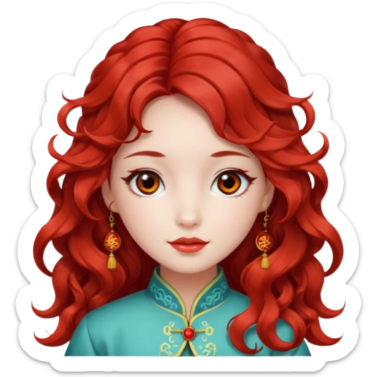 Beautiful girl, red hair,wavy hair，long hair,Black eyes,Chinese con lente sticker