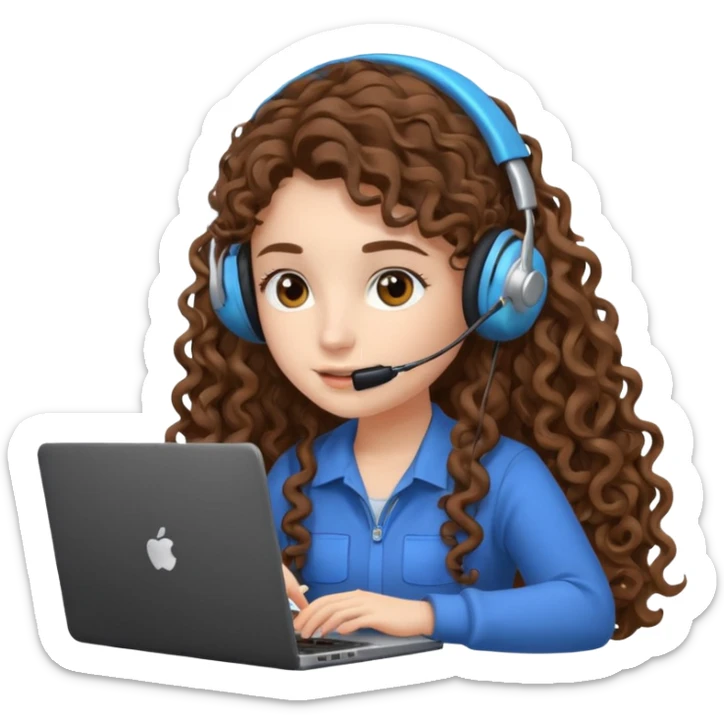 A girl with long curly hair is preparing for IELTS online with a laptop. sticker