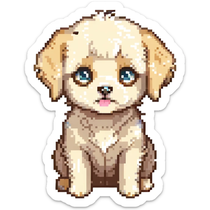 pixel art emoji of cream baby Maltipoo puppy, chibi, big eyes, fluffy, sitting, soft pastel palette, simplified but detailed, 64x64 sticker