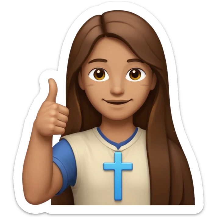 person with long brown hair holding a cross in one hand and giving a thumbs up with the other, clean modern emoji style sticker