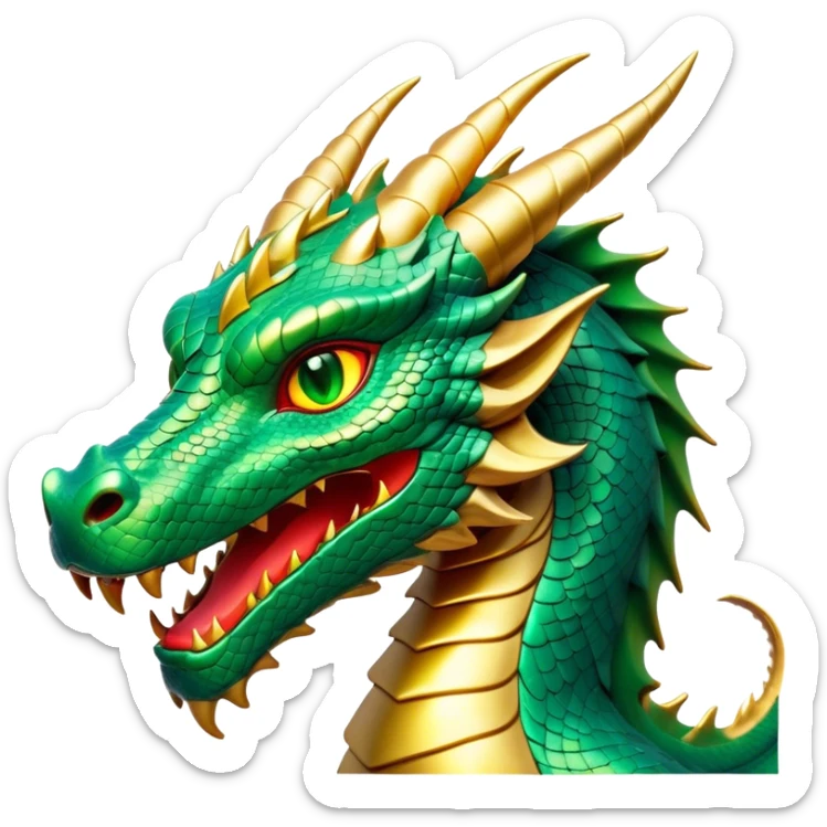 Cinematic Noble Dragon Portrait Emoji, Poised and majestic, with a sinuous, elongated build and shimmering, scale-covered skin in hues of emerald and gold, piercing, fiery eyes, Simplified yet sharp and sophisticated features, highly detailed, glowing with a mystical, radiant glow, high shine, intelligent and formidable, stylized with an air of ancient power, focused and attentive, soft glowing outline, capturing the essence of a watchful and legendary dragon that feels as though it could soar out of the screen with effortless authority! sticker