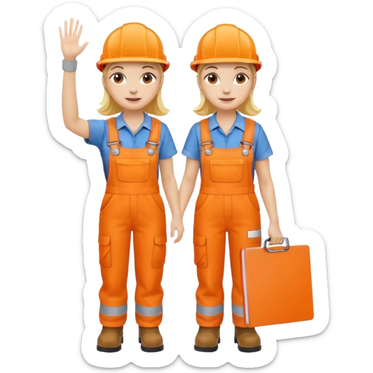 waving woman in orange hi vis overalls and boots holding a clipboard sticker