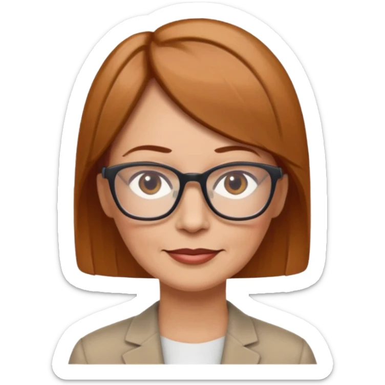 woman 50 years old, light chestnut hair, very short straight hair, wearing glasses, less serious expression, more joyful sticker
