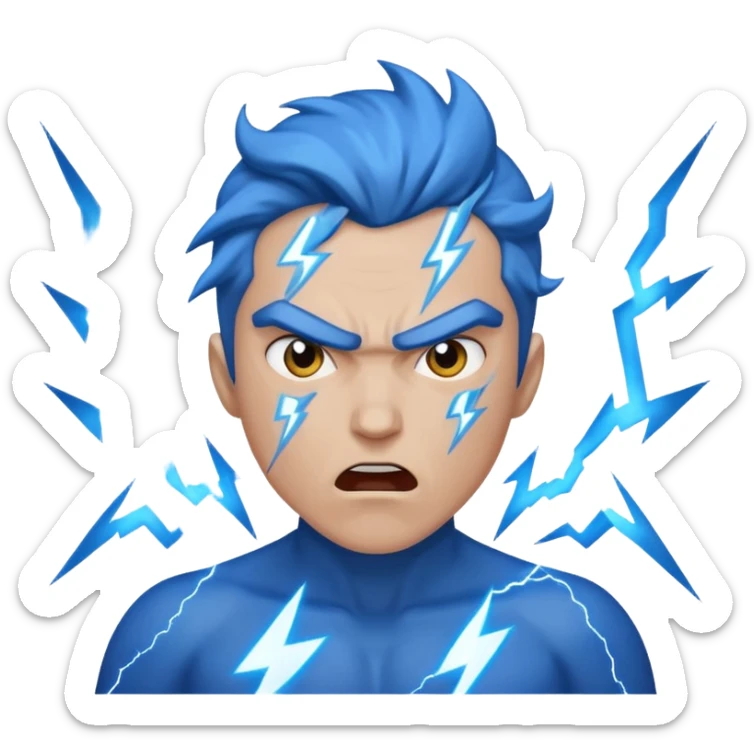 Rayos, centellas y estrellas en una cara color azul con expresiones de furia sticker