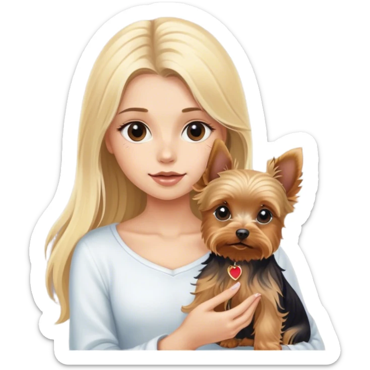 a blonde girl with a yorkie puppy with long hair sticker