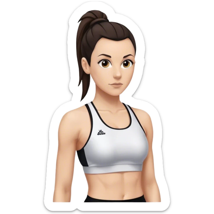 Melanie chisholm with a dark brown high ponytail wearing a sports bra and a track suit sticker