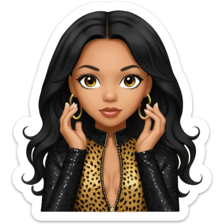 Kiely Williams from 3lw/Cheetah Girls with long jet black hair, black sequin outfit sticker