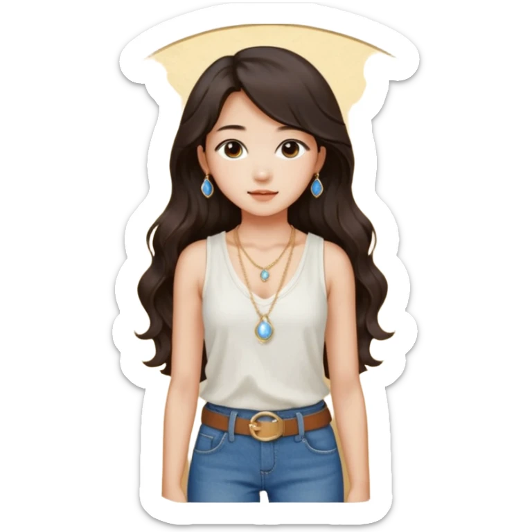 Stylish South Korean girl with long wavy dark hair, wearing a white textured sleeveless top, blue jeans, and a brown belt — soft lighting, cozy indoor vibe, a small, moonstone pendant necklace with a dainty gold chain adds a delicate touch sticker