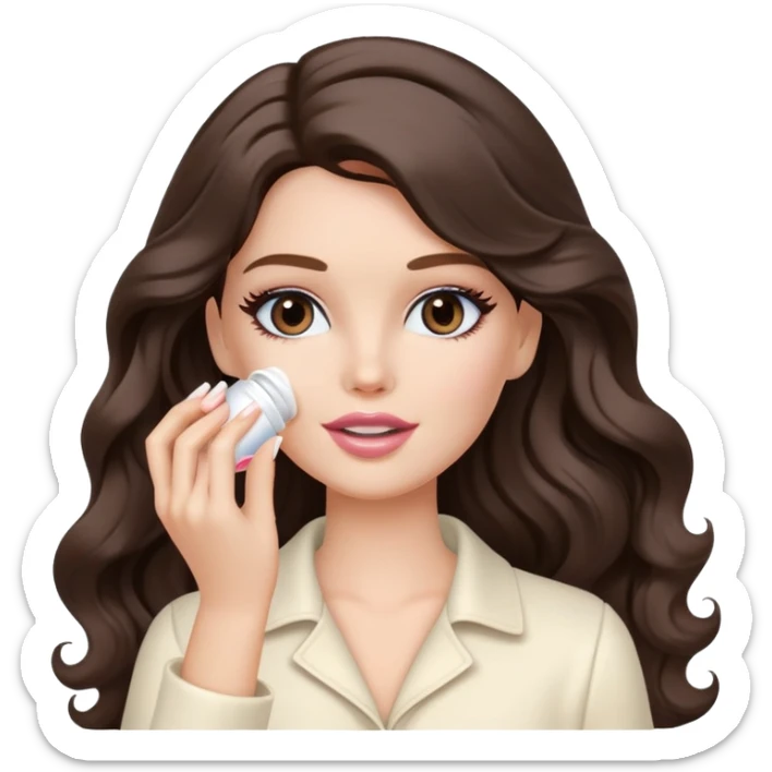 A white Barbie girl with long dark brown wavy hair in cream clothes smears by hand cosmetic cream on her face sticker