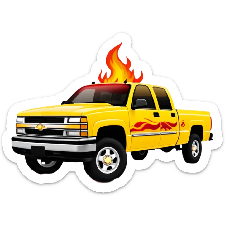 Yellow 1997 Chevrolet C-2500 Crew Cab Silverado with accurate red flame decal printed on the hood, exactly as seen in Kill Bill movie, 30-degree view showing detailed flame graphics, iOS emoji style sticker