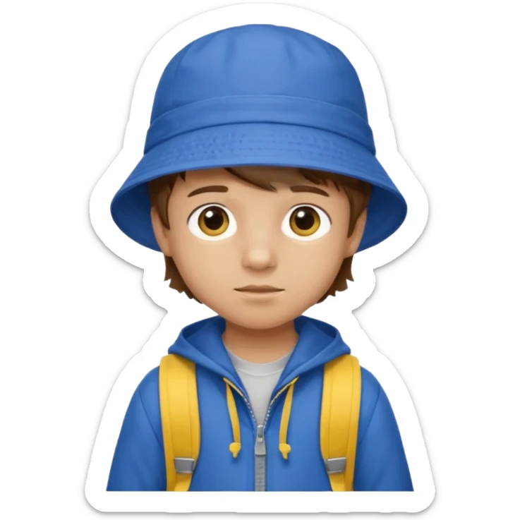 Little student, brown hair boy, wears blue bucket hat and jacket, yellow backpack, shy sticker