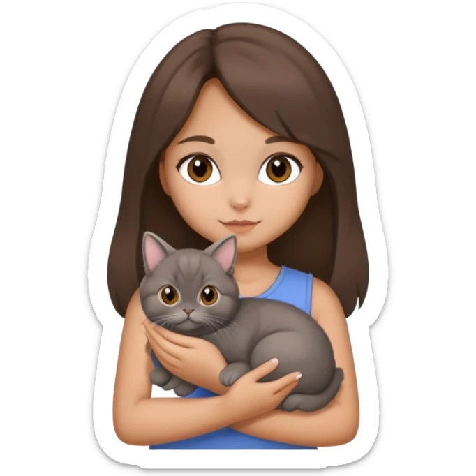 brunette chinita girl holding a brown holland lop rabbit, gray persian cat, and black kitten sticker