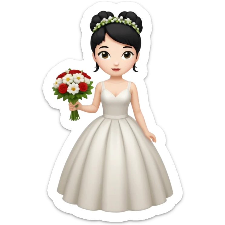 Chica blanca,cuerpo entero, vestido boda tirantes , pelo negro,   1 ramo de flores , pelo recogido en moño alto sticker
