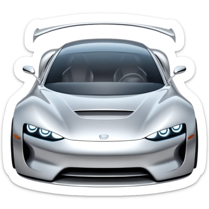 A low-profile futuristic car emoji made of polished silver chrome, wide body stance, smooth aerodynamic shape, glossy metallic surface, soft reflections, luxury swag aesthetic, minimal details, iOS emoji style, centered on clean white background, studio lighting sticker