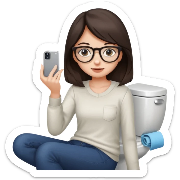 Fille châtain foncé avec lunettes. Elle est sur les toilettes. Et se prend en photo. sticker