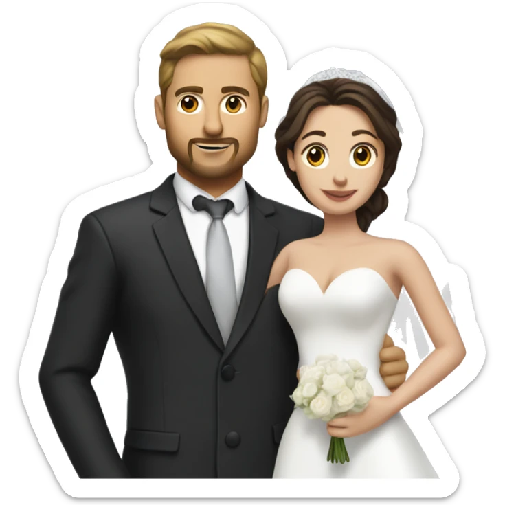 Brunette man with facial hair in a suit holding a brunette woman in a white wedding dress sticker