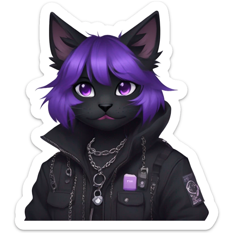 Gorgeous furry gothic dark techwear anime style anthro black cat furry sona Fakemon with blushing face aesthetic and pretty edgy black with violet collar and harness trending style chains cargo pants tomboy sticker