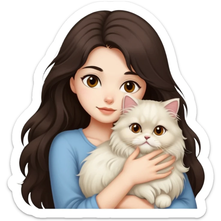 pretty girl with DARK long hair hugging her light hair fluffy persian cat  sticker