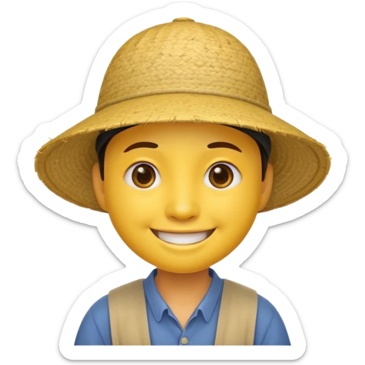 Yellow emoji smiley face with stereotypical Chinese facial features and rice farmer hat sticker