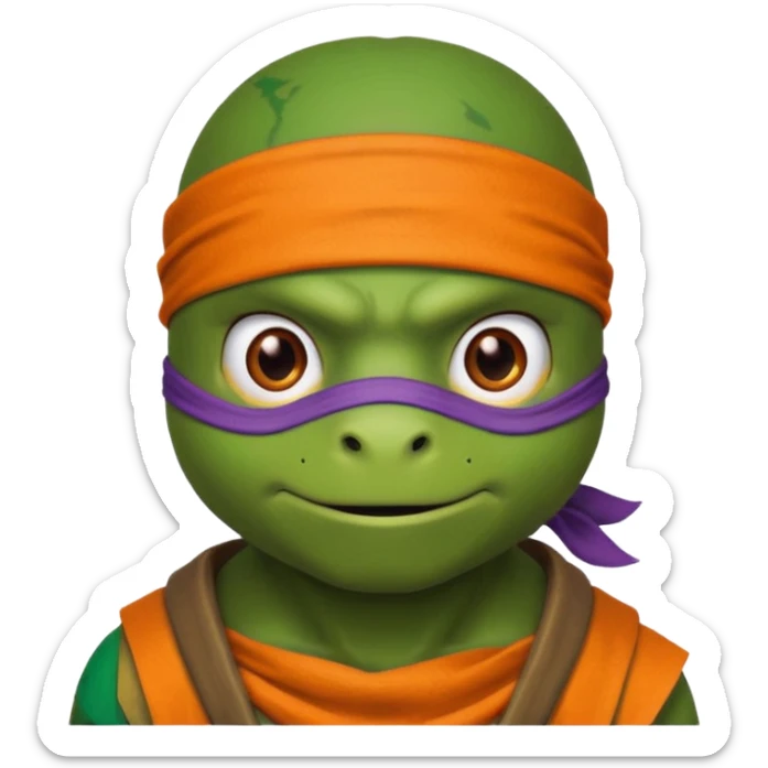Donatello from Teenage Mutant Ninja Turtles, emoji style, head only, cute minimalistic style, with an orange bandana sticker