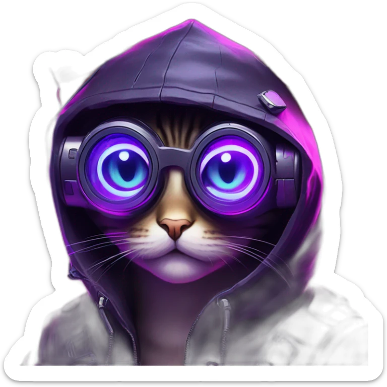 Russian cat wearing a black hoodie with "OMG" letters on it and VR headset in a cyberpunk VR environment with violet neon lighting. sticker