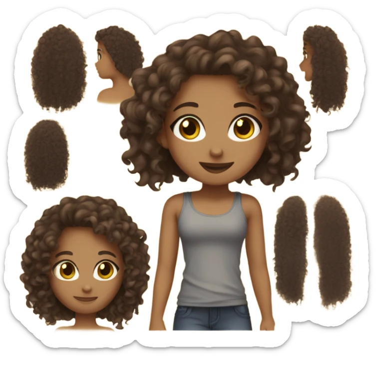 Girl wearing dark, gray tank top, long, brown, curly hair, hazel eyes caramel skin sticker