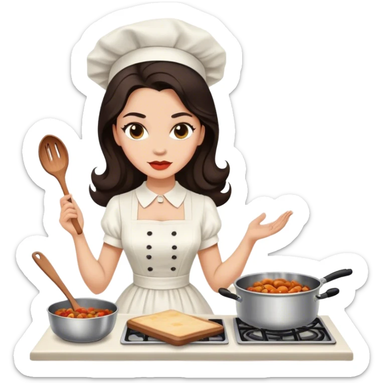 Beautiful woman in 1950’s woman fashion look, white dress, long dark brown hair, cooking sticker