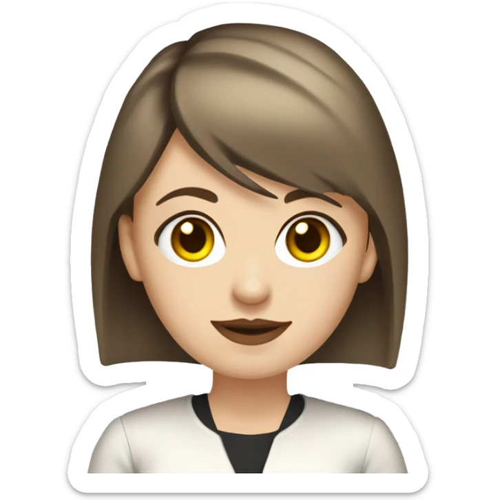 Slavic woman with blue eyes, fair skin, straight gradient brown hair with yellow streaks, medium bob cut, goth eyes makeup, beige lips, dressed in white T-shirt and office black jacket. sticker