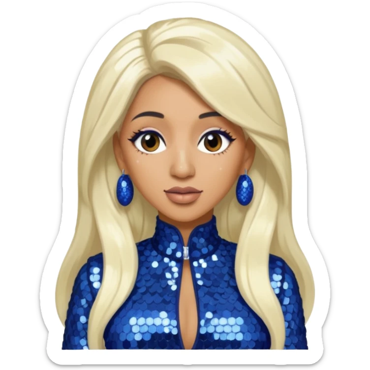 Cardi B with tan skin, long white blonde hair, indigo sequin outfit sticker
