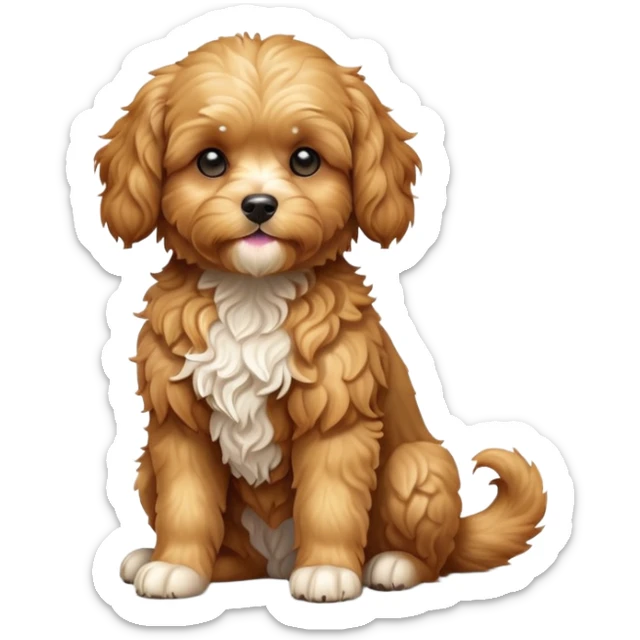 cinematic-[cavoodle dog]-realistic-full-body-sitting-emoji,-tail-resting-loosely-beside-its-paws,-head-tilted-dramatically,-curly-[solid golden]-fur,-simplified-yet-realistic-focused-features,-highly-detailed,-glowing-with-an-almost-sarcastic-glow sticker