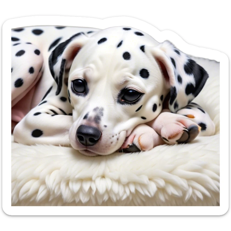 Meme-Worthy Cute Sleeping Spotted Dalmatian Portrait Emoji, Head resting peacefully with a contented smile, showcasing a delightfully majestic build and a luxuriously soft Fur of predominantly white with bold black patches, eyes shut in a serene nap, Simplified yet hilariously adorable features, highly detailed, glowing with a soft, drowsy light, high shine, relaxed and utterly lovable, stylized with an air of playful laziness, bright and heartwarming, soft glowing outline, capturing the essence of a comically sleepy guardian, so meme-worthy it feels like it could instantly become the next viral sensation of adorable slumber! sticker