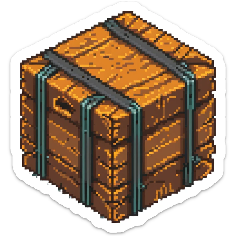 wooden crate with metal reinforcements, orange-brown wood with visible grain texture and dark gray metal bands, 32x32 pixel art game tile that looks breakable sticker