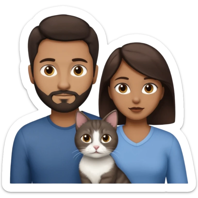 Make a couple and a cat emoji. The first person is a man with dark brown hair and a beard that’s not to long. The other person is a woman with even darker brown hair and is a little brown skinned but not much. The cat is 15weeks so little and grey and white with a little brown on her face and chest sticker