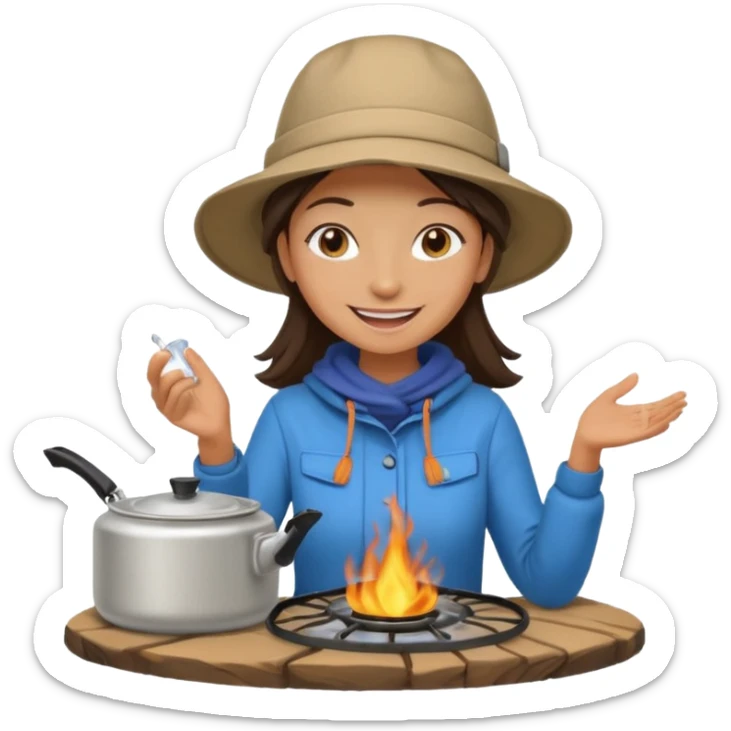 A woman camper boiling water on a portable stove, enjoying the outdoor sticker