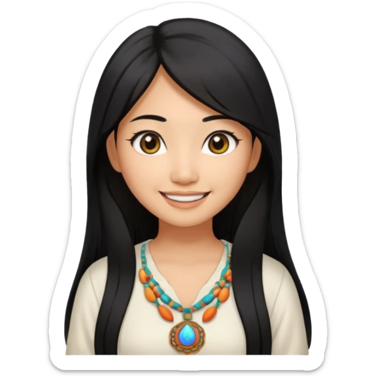 30 yr old asian woman center parted hair big eyes big smile tanned skin straight black hair hippie part hair white blouse sticker