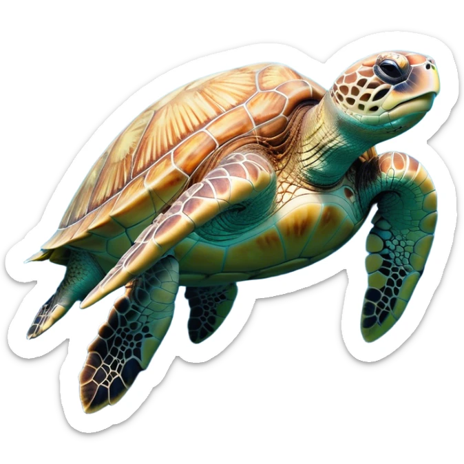 Cinematic Noble Sea Turtle Portrait Emoji, Poised and wise, with a majestic, domed shell adorned with rich, textured patterns and a smooth, ancient body gliding gracefully through the water, deep, reflective eyes exuding calm wisdom, Simplified yet sharp and sophisticated features, highly detailed, glowing with a soft, oceanic glow, high shine, intelligent and graceful, stylized with an air of timeless marine majesty, focused and serene, soft glowing outline, capturing the essence of a watchful and confident sea guardian that appears ready to glide out of the screen with effortless authority! sticker