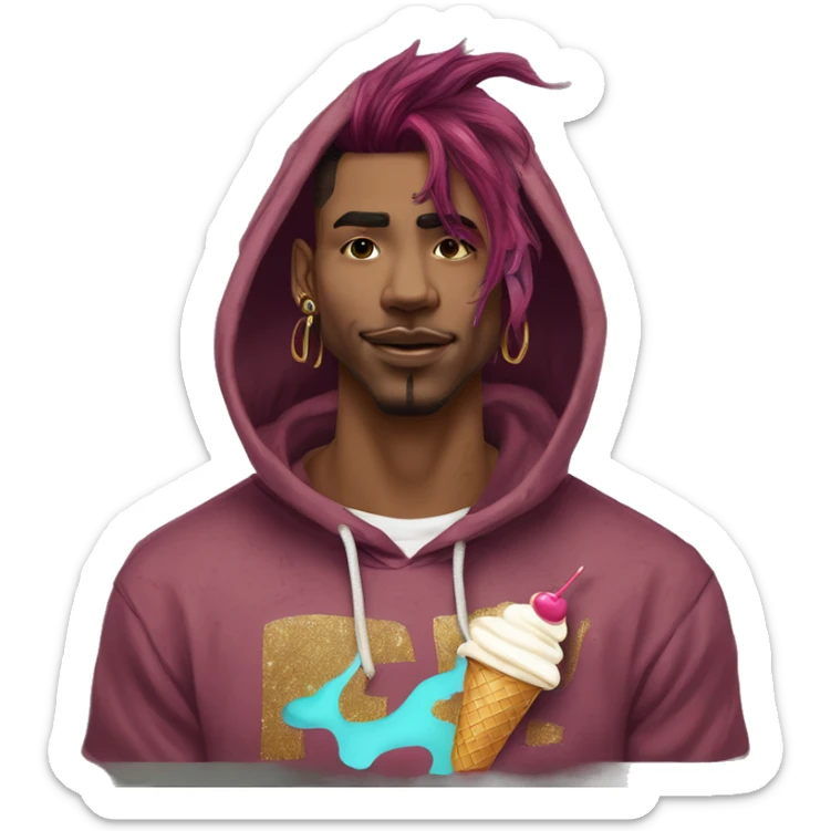 Vintage grunge patina intricate swirls golden sparkle tropical Deep pink maroon burgundy cyan dark hoodie man dyed hair and gold piercings nose piercing ear piercings ice cream  sticker