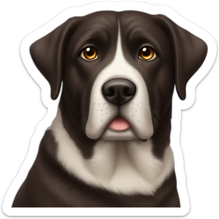 5 years old, female, Chubby, DARK brown, english lab, tired face, looking at you confused, little white scruff un chin sticker