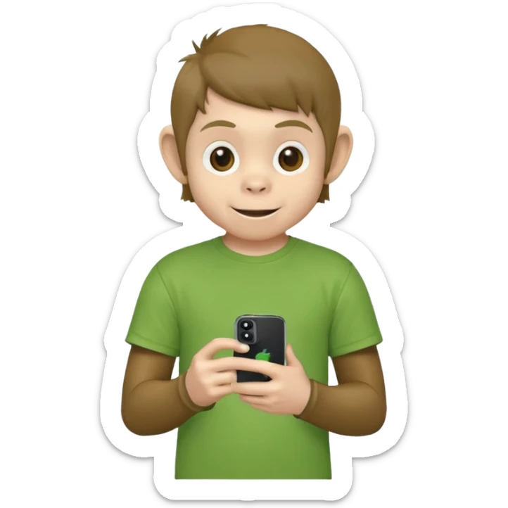 Un singe qui est habillé comme un garçon et qui a un iPhone 12 mini et qui a un t-shirt vert  sticker