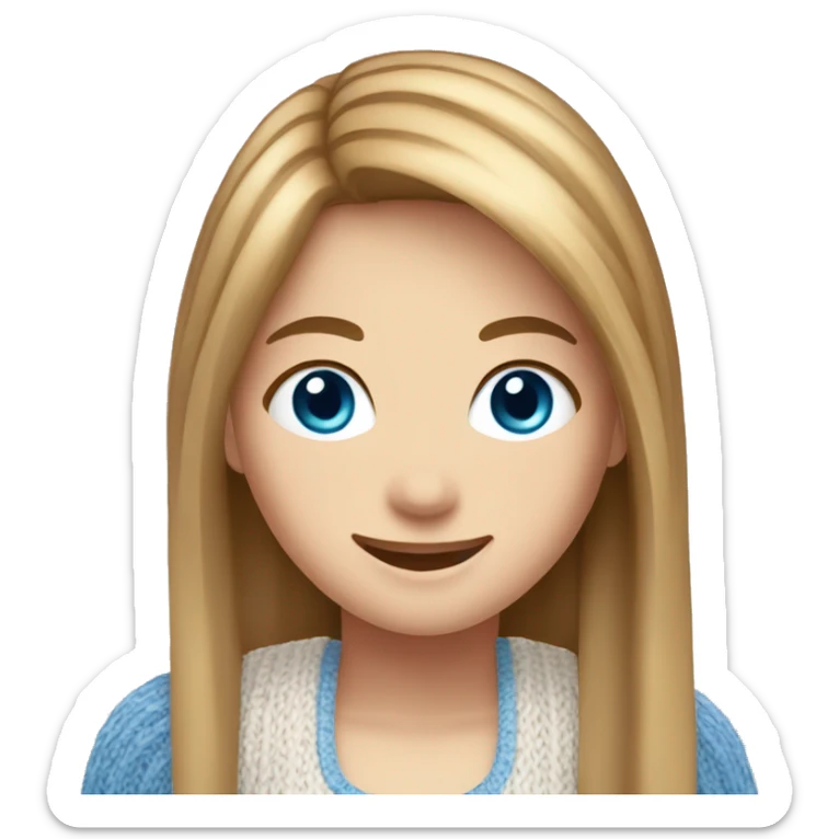  girl with long straight light-brown hair, blue eyes, wearing a white knitted top, ((cheerful, laugh)) sticker