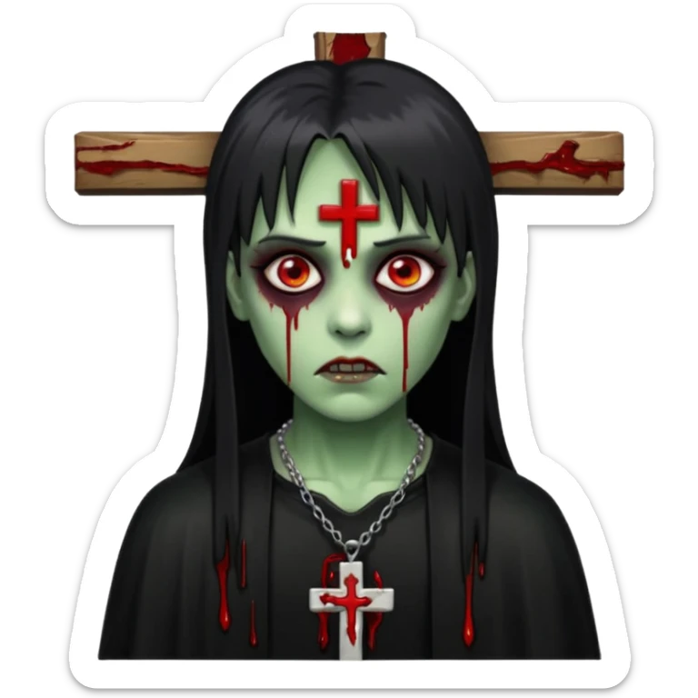 zumbi verde com olhos vermelhos sangrando e franja roupa preta e um crucifixo como colar sticker