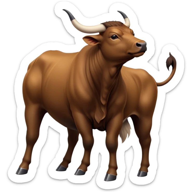 cinematic-[brown bull]-realistic-full-body-standing-emoji,-tail-flicking-lazily,-head-tilted-dramatically,-sleek-[brown]-fur,-simplified-yet-realistic-focused-features,-highly-detailed,-glowing-with-an-almost-sarcastic-glow sticker