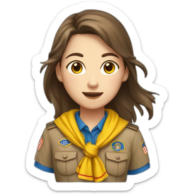 A scout girl with Brown hair with a knotted red and yellow scarf and a blue scout shirt sticker