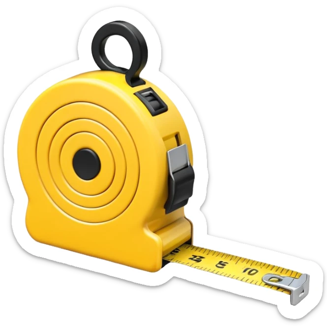 A 3D emoji-style yellow measuring tape, rolled in a spiral with black markings, realistic light and shadow, minimalistic background, vector-like clean design. sticker