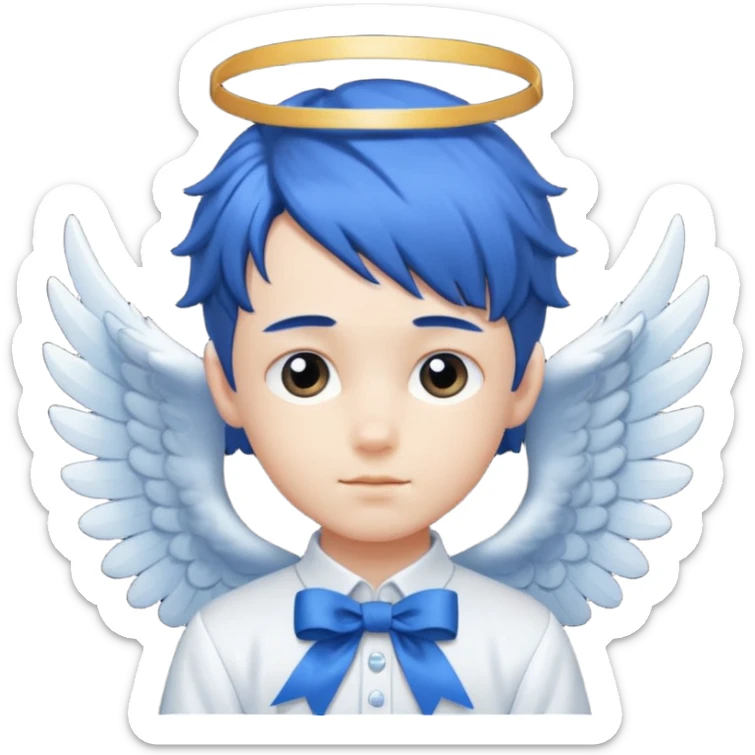 A graceful angel boy with deep blue hair tied in a ribbon, spreading gentle light.








 sticker